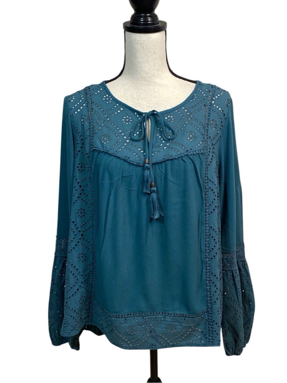 Knox Rose Dusty Teal Eyelet Peasant Top XXL